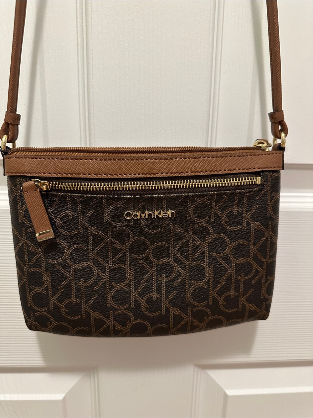 Calvin Klein Brown Monogram Crossbody with Gold Hardware
